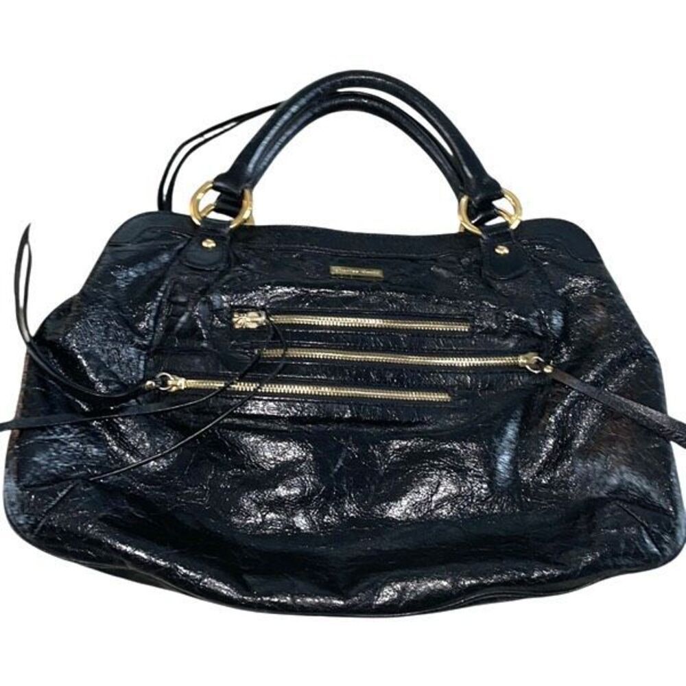 Charles David Womens Classic Shiny Patent Leather‎ Satchel Handbag Black